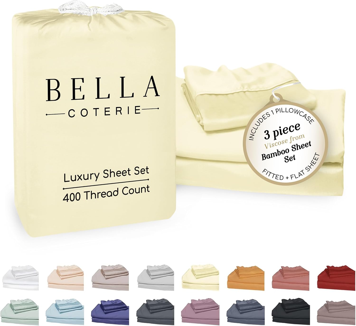 Bella Coterie Luxury Bamboo Viscose Twin Size Sheet Set | 100% Organically Grown | Ultra Soft | Cooling for Hot Sleepers | 18" Deep…