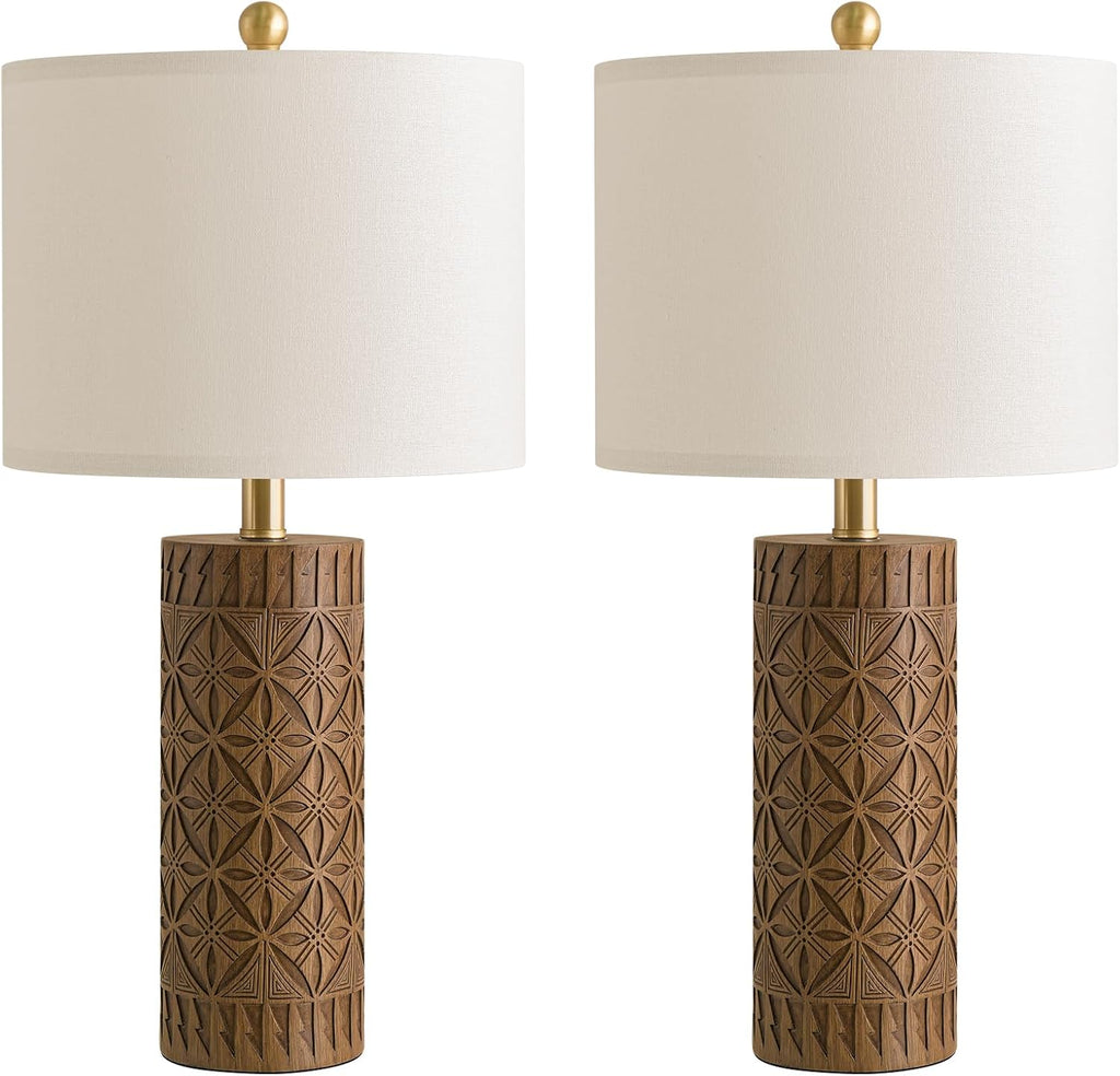 BOBOMOMO 24.25" Modern Farmhouse Table Lamps Set of 2, Geometric Wood Grain Resin Bedside Lamps for Nightstand, Rustic Lamps for Living…
