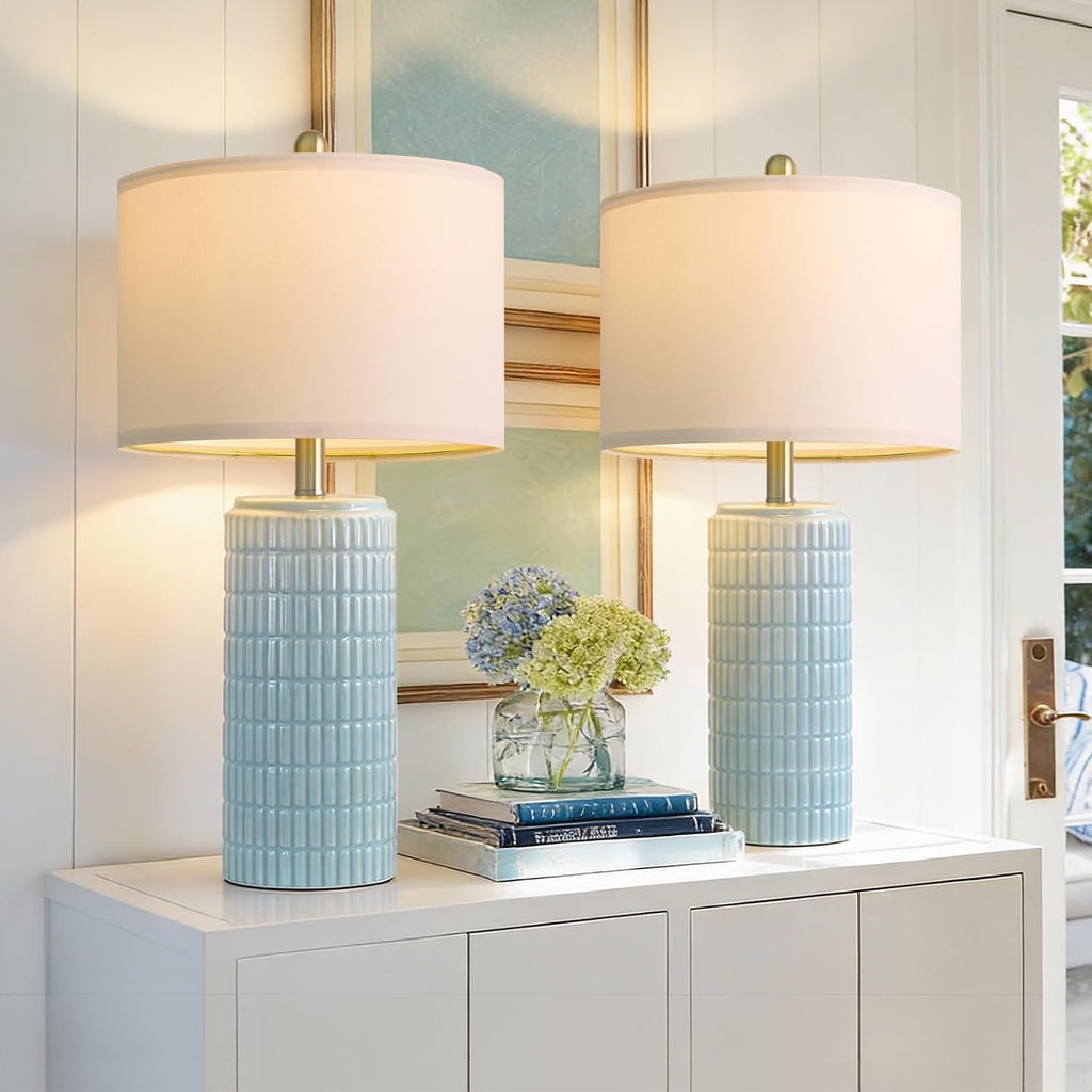 PoKat 23" Light Blue Table Lamps Set of 2, Modern Bedside Lamps for Bedroom, Coastal Ceramic End Table Lamps for Living Room, Ocean…