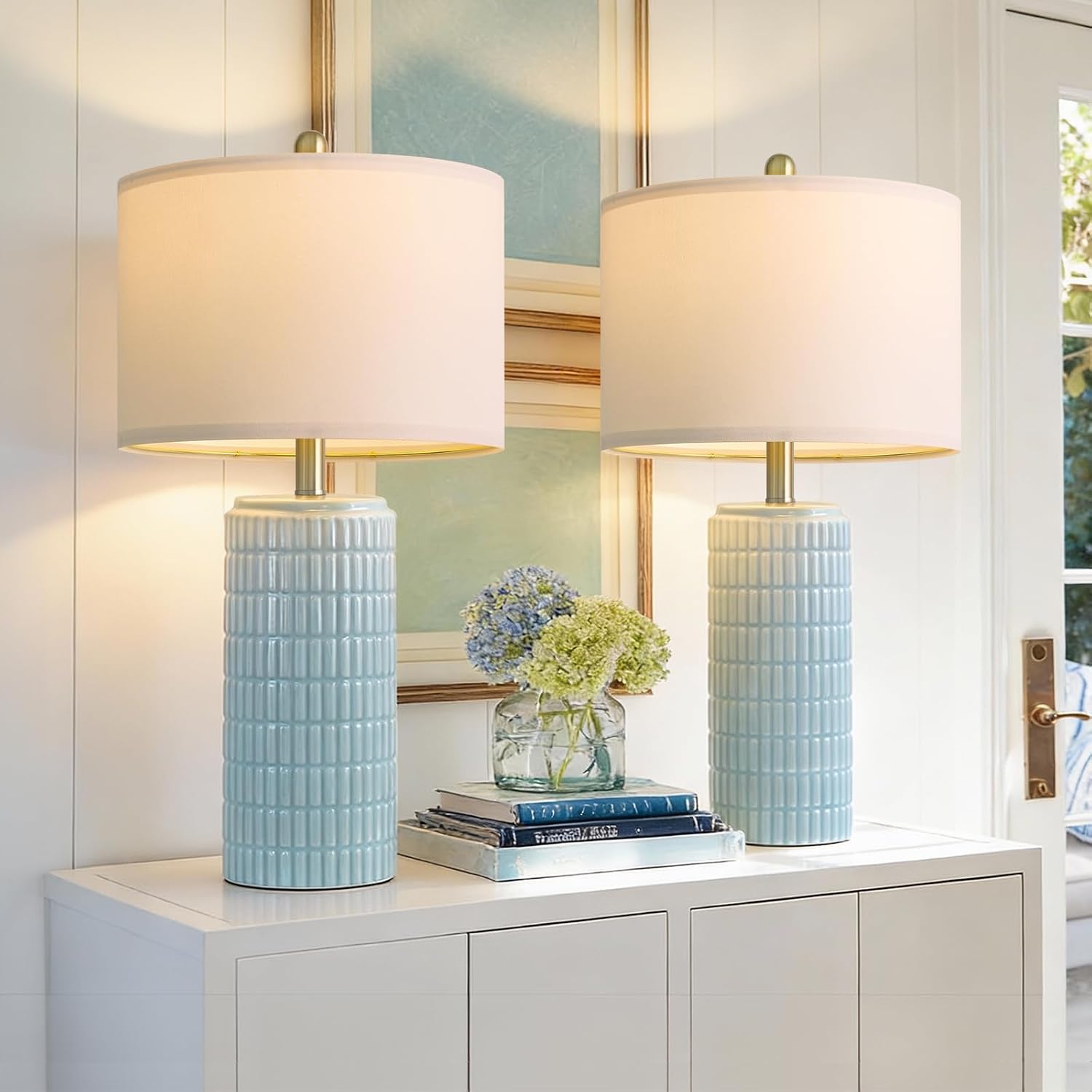 PoKat 23" Light Blue Table Lamps Set of 2, Modern Bedside Lamps for Bedroom, Coastal Ceramic End Table Lamps for Living Room, Ocean…
