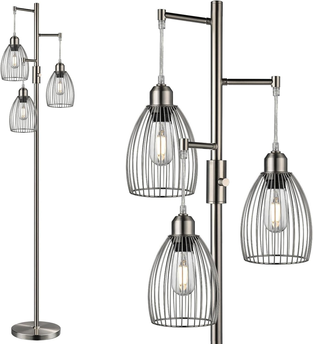 Nintiue Dimmable Floor Lamp, 3 x 800LM LED Edison Bulbs Included, Industrial Floor Lamp Standing Tree Lamp with Elegant Teardrop Cage…