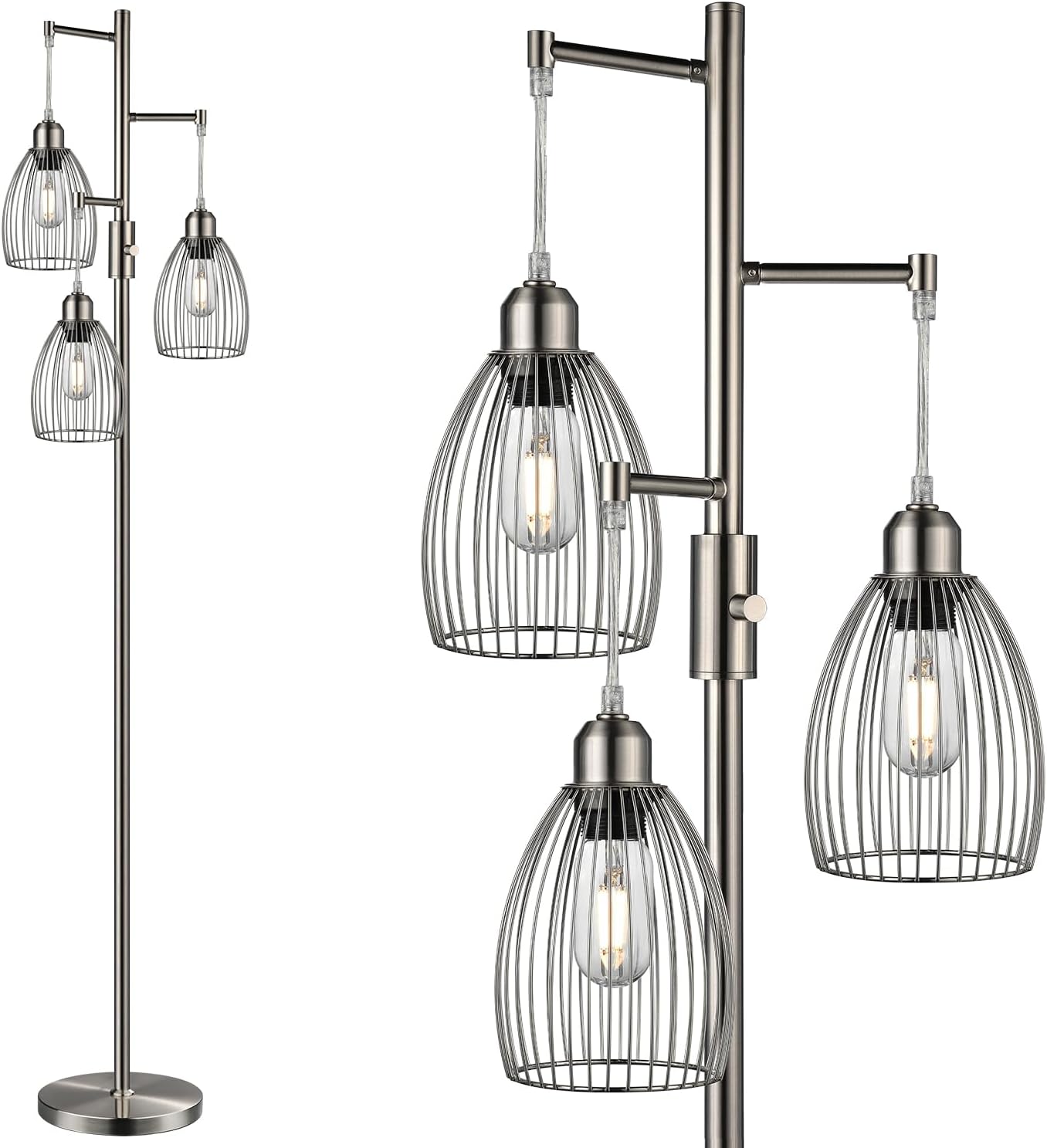 Nintiue Dimmable Floor Lamp, 3 x 800LM LED Edison Bulbs Included, Industrial Floor Lamp Standing Tree Lamp with Elegant Teardrop Cage…