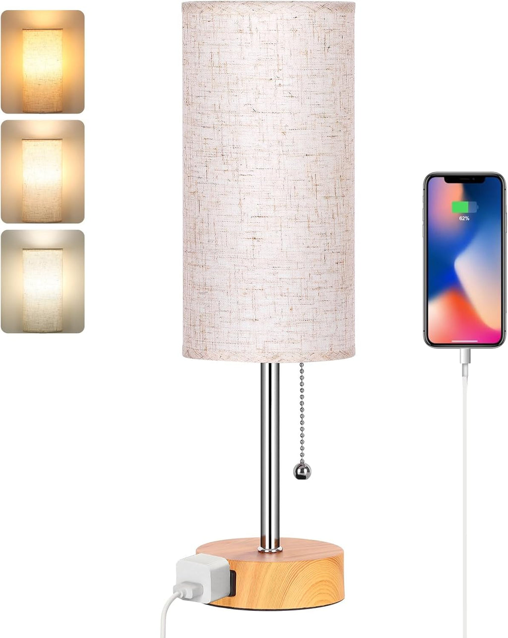 Dott Arts Table Lamp for Bedroom, 3-Color Bedside Lamps with Pull Chain, Bedroom Table Lamps for Nightstand, AC Outlet Small Lamp for…