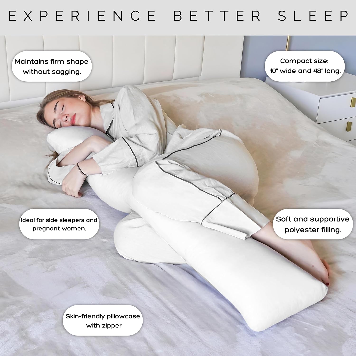 Body Pillow for Side Sleeper, 9x48 Inches Full Body Pillow with Cover, Made with Soft Material and Filled with Polyester for Adults…