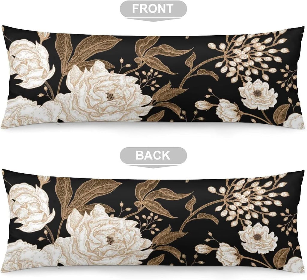 Body Pillow Cover Vintage Peony Body Pillowcase Beige Floral Leave Rustic Black Decorative Rectangle Long Pillow Cases Beige Flower…