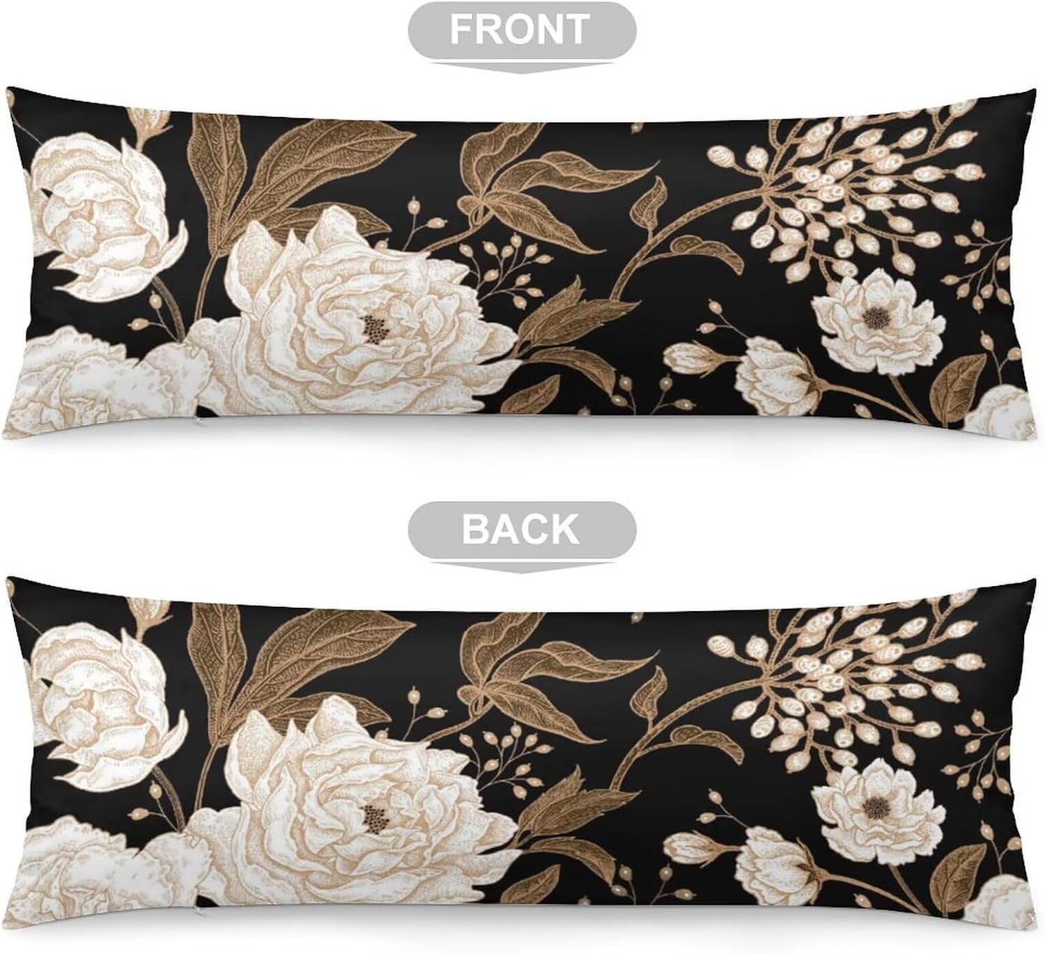 Body Pillow Cover Vintage Peony Body Pillowcase Beige Floral Leave Rustic Black Decorative Rectangle Long Pillow Cases Beige Flower…