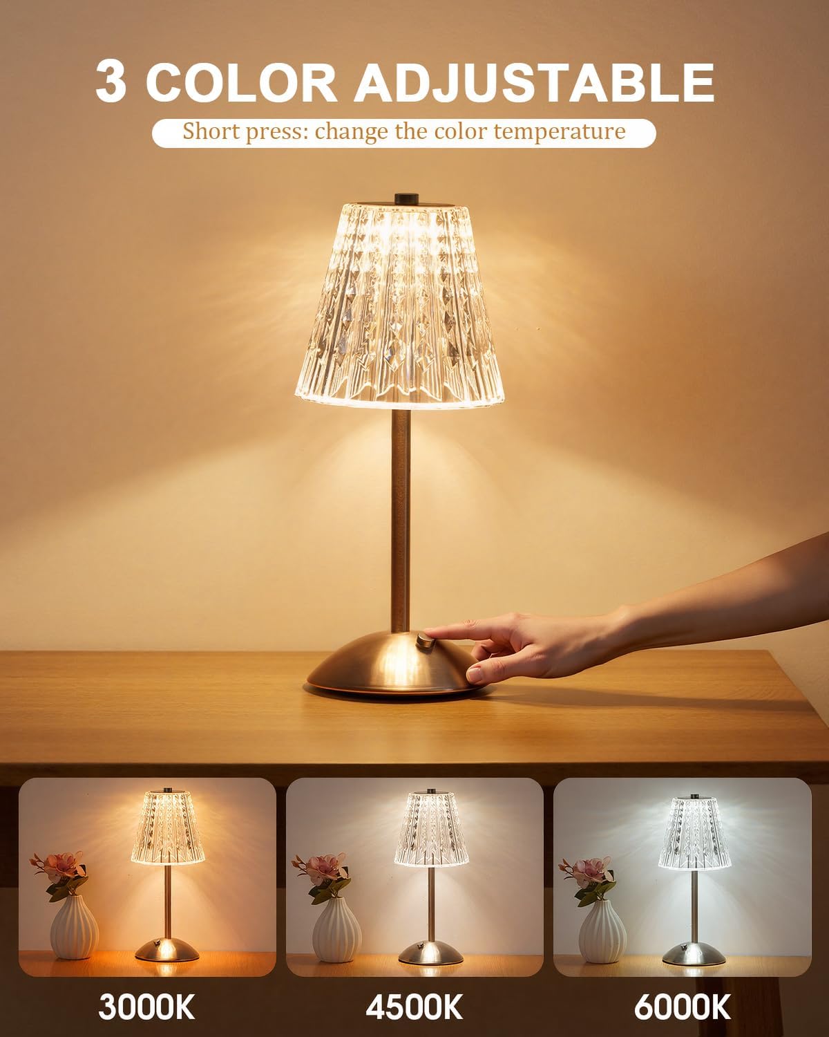 Nusogon Cordless Touch Table Lamp, LED Rechargeable Small Dask Lamp, 3 Colors Dimmable Battery Operated Crysta Lamp for Bedroom…