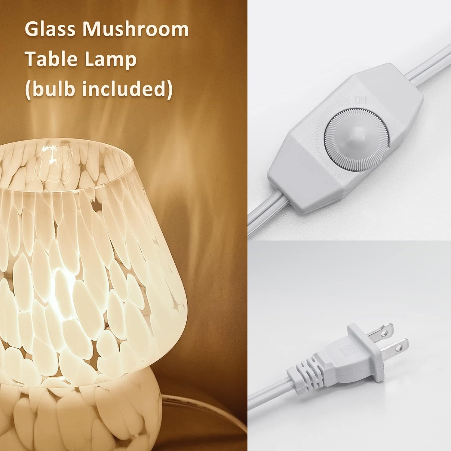 ONEWISH Cute Mushroom Lamp Small Bedside Table Lamp Set of 2 Stepless Dimmable, Translucent Glass White Nightstand Lamp for Bedroom Dorm…
