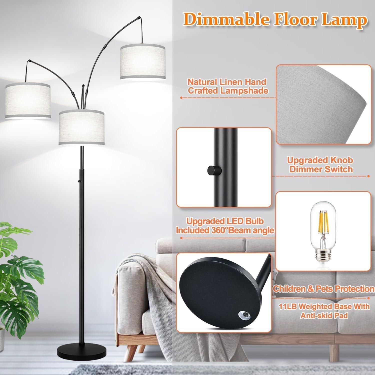 Dimmable Floor Lamp, 3 Lights Black Arc Floor Lamp, Modern Tall Standing Tree Lamp with Grey Linen Shades & Heavy Base, 3000LM LED Bulbs…