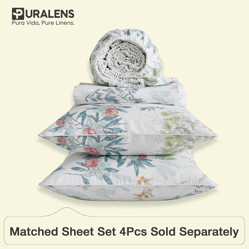 Puralens White Queen Floral Duvet Cover, Shabby Leaf Chic 100% Cotton Percale Duvet Cover Set with Zipper, Flower Patterned Farmhouse Toile…