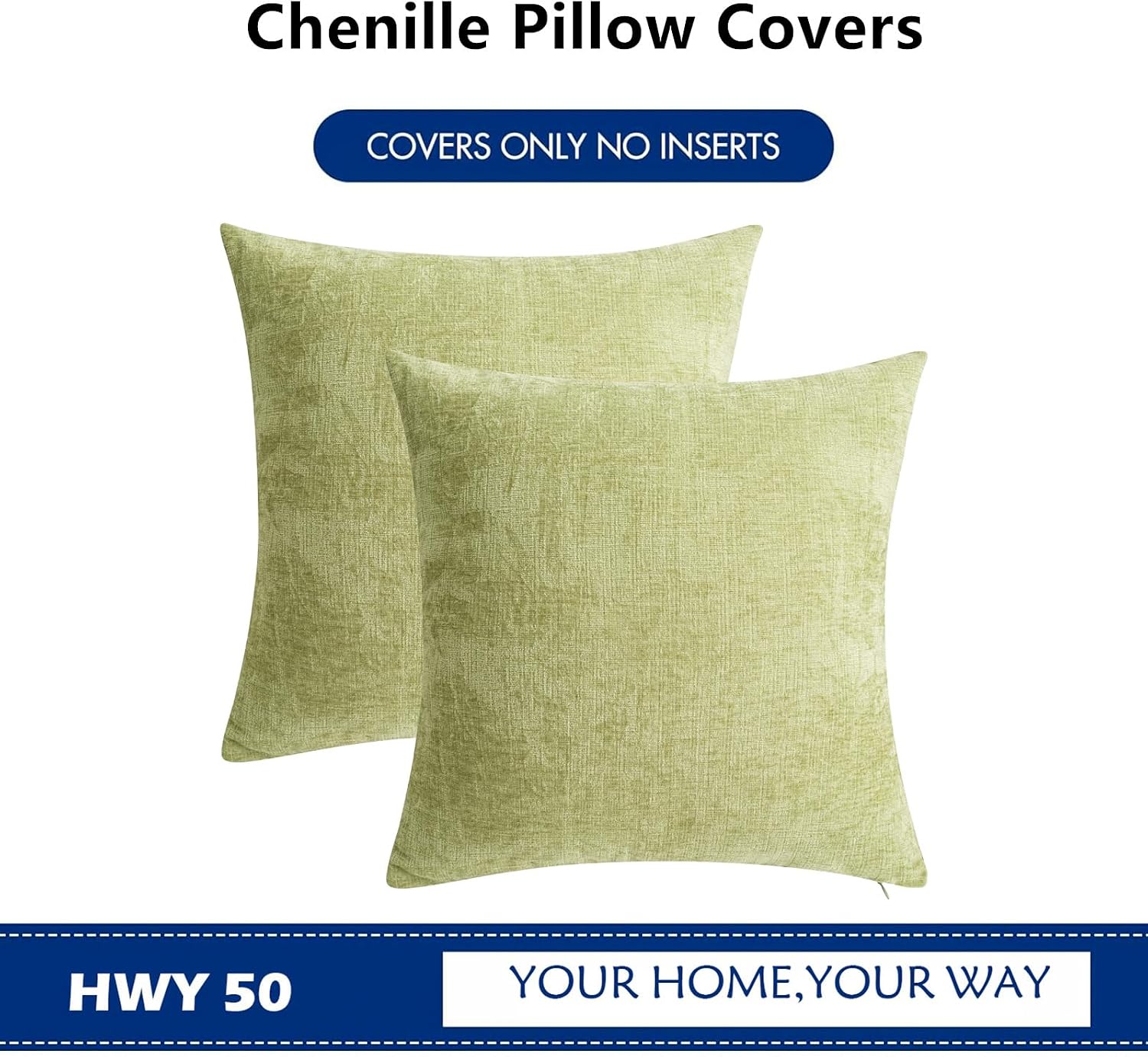 Hwy50 HWY 50 Spring Sage Green Throw Pillow Covers 16x16 Inch Pack of 2, Soft Chenille Decorative Cushion Cases for Couch Sofa Bed Living R…