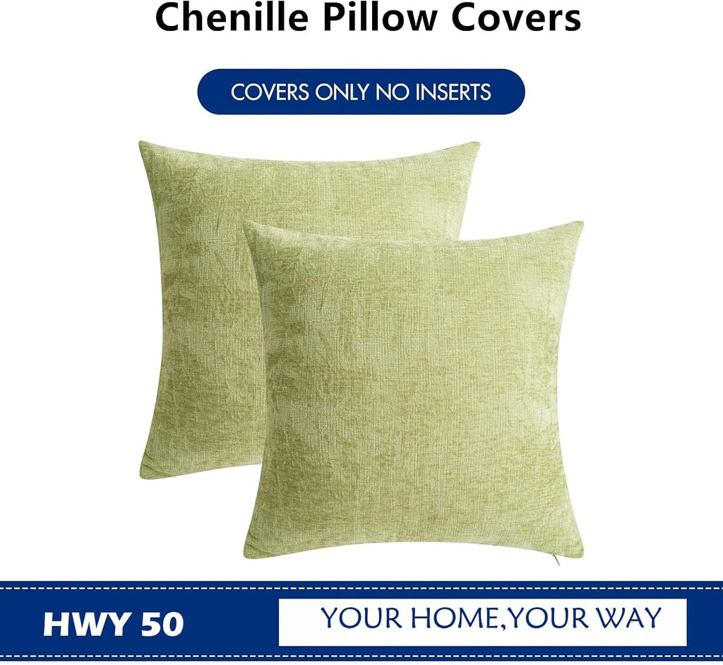 Hwy50 HWY 50 Spring Sage Green Throw Pillow Covers 20x20 Inch Pack of 2, Soft Chenille Decorative Cushion Cases for Couch Sofa Bed Living R…