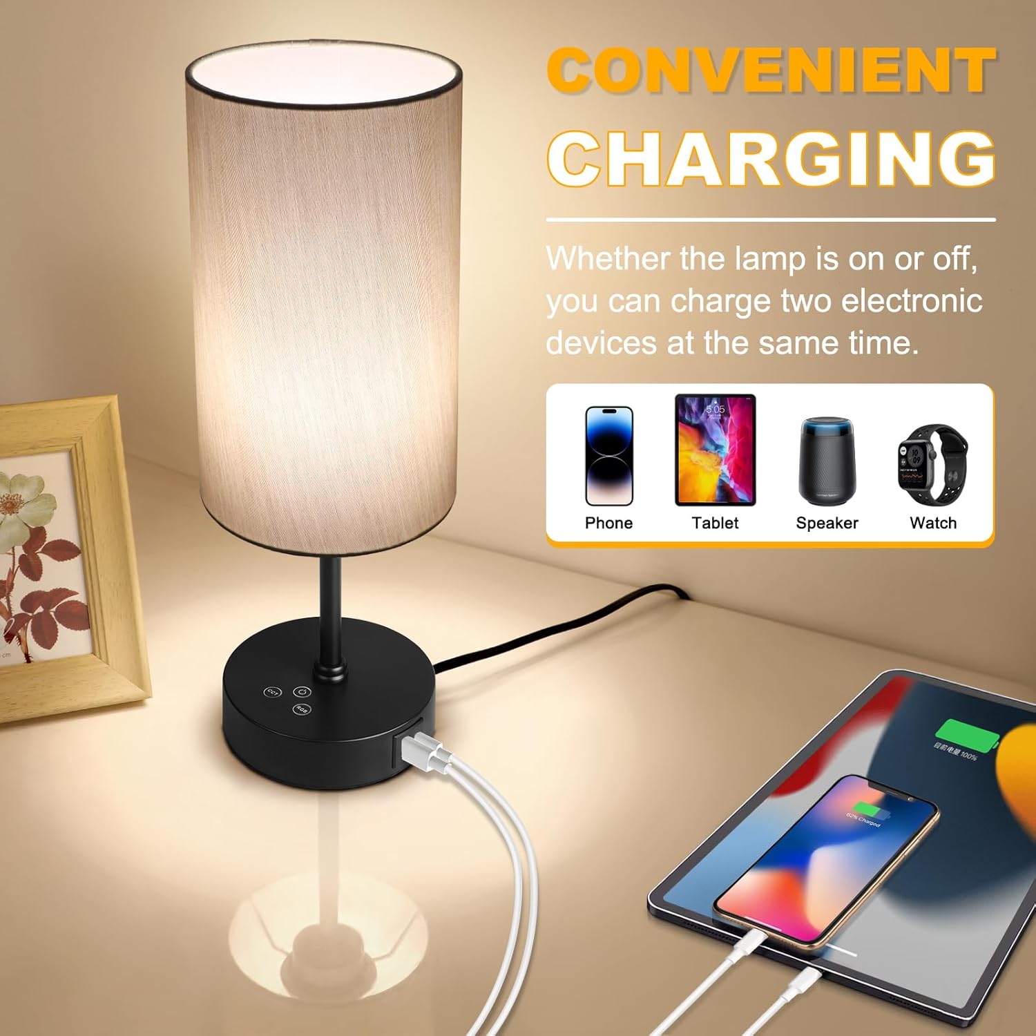 Unicozin Table Lamp for Bedroom, 3 Color Temperatures, 7 RGB Colors, Adjustable Brightness, Dual USB Charging Ports, Ambience Nightstand…