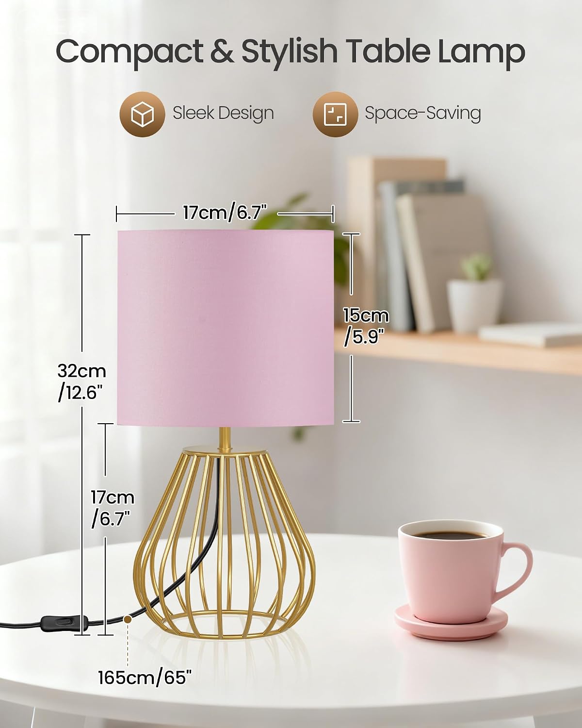 Pink and Gold Table Lamp, Small Bedside Lamp with Metal Base & Pink Linen Lampshade, Modern Nightstand Lamp, Little Cute Desk Lamp for…