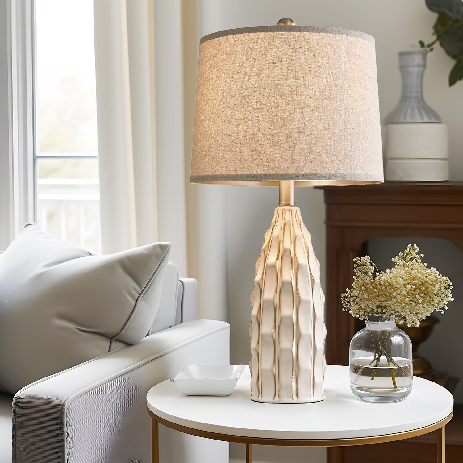 USumkky Ceramic Table Lamps Set of 2, 23.75" Modern Farmhouse Bedside Lamp - Cream Nightstand Lamps for Bedroom, Boho Living Room End…