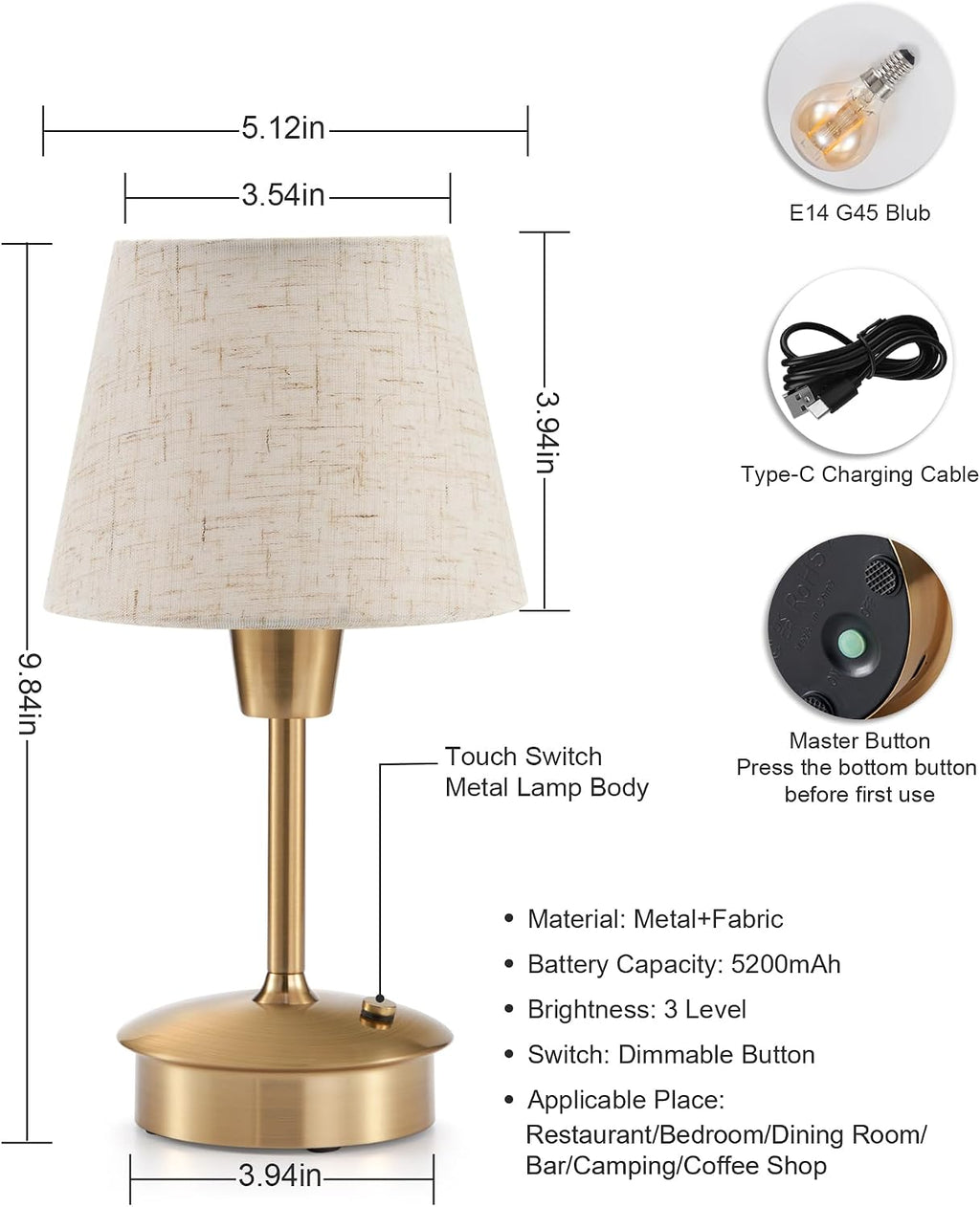 Small Cordless Table Lamp for Restaurant Dining Table, 5200mAh Rechargeable Battery Operated Lamps, Portable Dimmable Touch Light Warm…