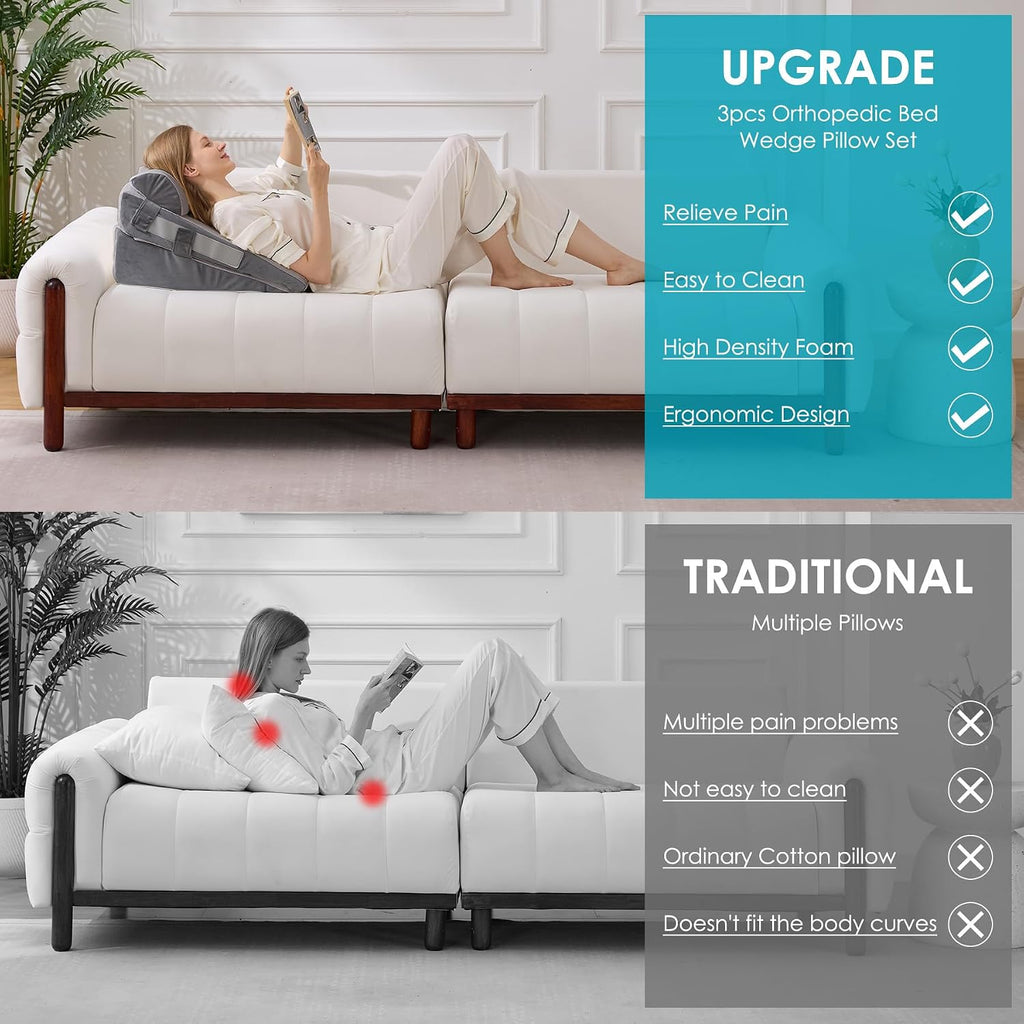 Wgakced 3Pcs Wedge Pillow Set for After Surgery, Acid Reflux Relief, Adjustable Bed Wedge Pillows for Sleeping, Anti Snore, Memory Foam Trian…