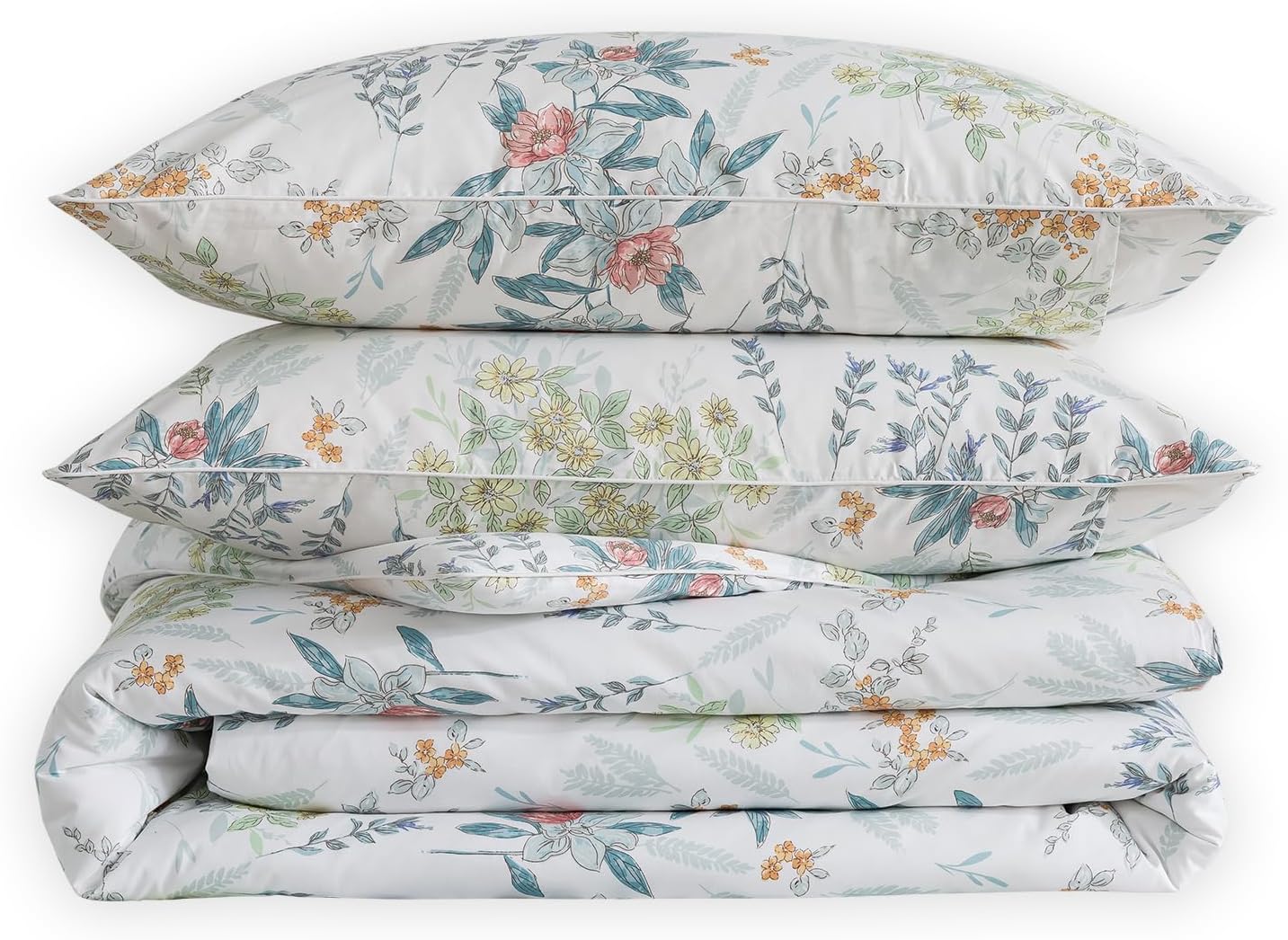 Puralens White King Floral Duvet Cover, Shabby Leaf Chic 100% Cotton Percale Duvet Cover Set with Ties, Flower Patterned Cottage Toile Bedd…