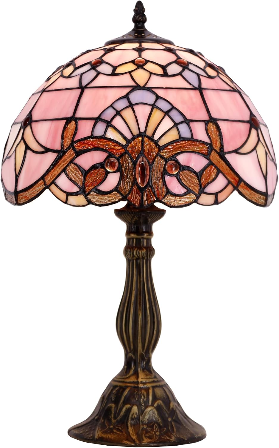 WERFACTORY Tiffany Lamp Stained Glass Table Lamp 12X12X18 Inch Pink Baroque Style Lavender Bedside Reading Desk Light Decor Bedroom…
