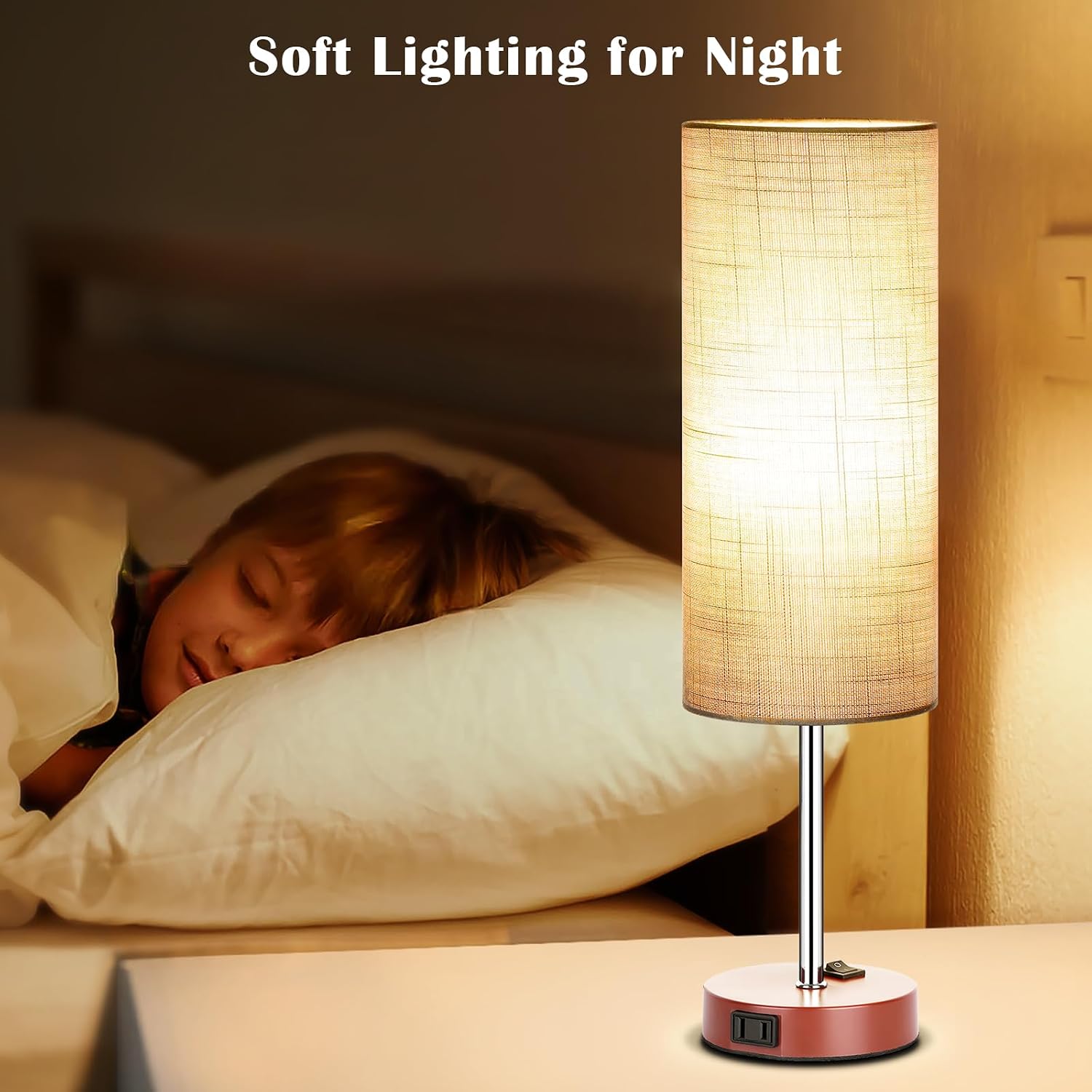 ZJOJO Table Lamp for Bedroom 2 Pack,18in Bedside Lamps with 3 Way Dimmable Rocker Switch & AC Outlet, Nightstand Desk Lamp with Gray…