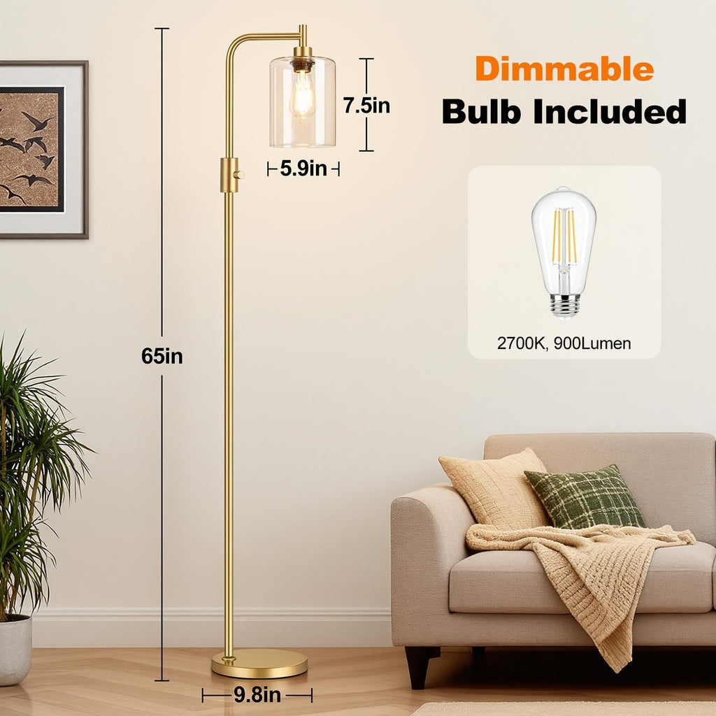 Upgraded】Dimmable Gold Floor Lamp for Living Room with Clear Glass Lampshade, Glass Modern Floor Lamp with 900LM Edison Bulb Included…