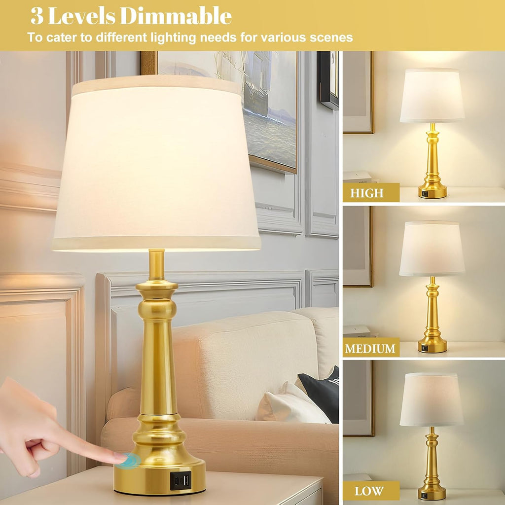 EJIAXIN Touch Lamps for Nightstand Set of 2 - Gold Table Lamp for Bedroom Dimmable Bedside Lamps with USB C+A Ports - Lamps for Night…