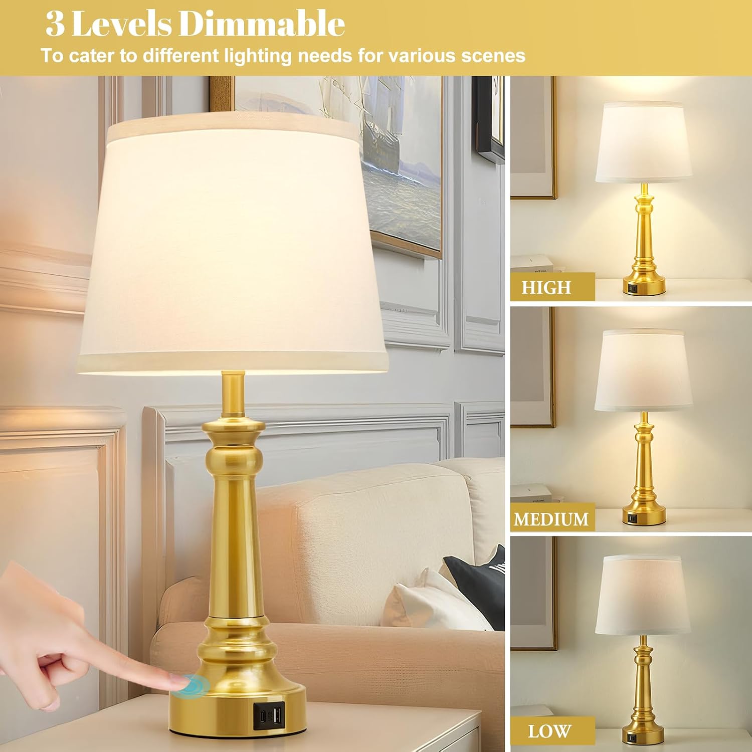 EJIAXIN Touch Lamps for Nightstand Set of 2 - Gold Table Lamp for Bedroom Dimmable Bedside Lamps with USB C+A Ports - Lamps for Night…