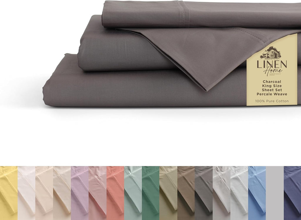Linen Home 100% Cotton Percale Sheets King Size, Charcoal, Deep Pocket, 4 Pieces Set - 1 Flat, 1 Deep Pocket Fitted Sheet and 2…