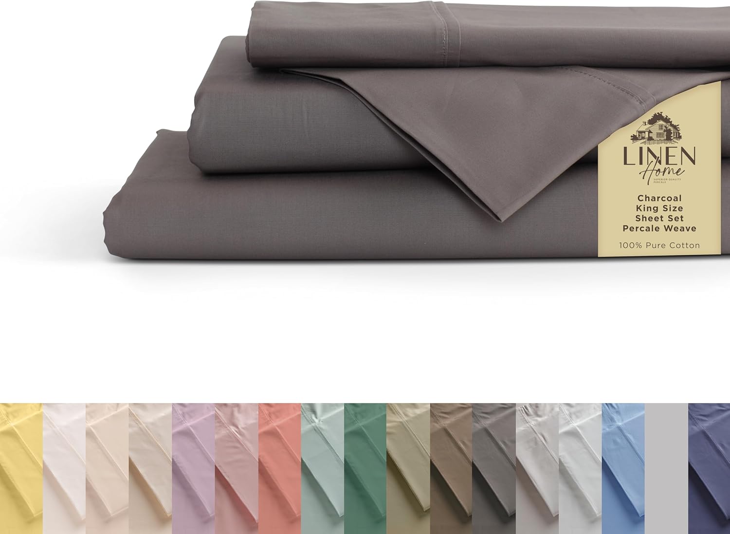 Linen Home 100% Cotton Percale Sheets King Size, Charcoal, Deep Pocket, 4 Pieces Set - 1 Flat, 1 Deep Pocket Fitted Sheet and 2…