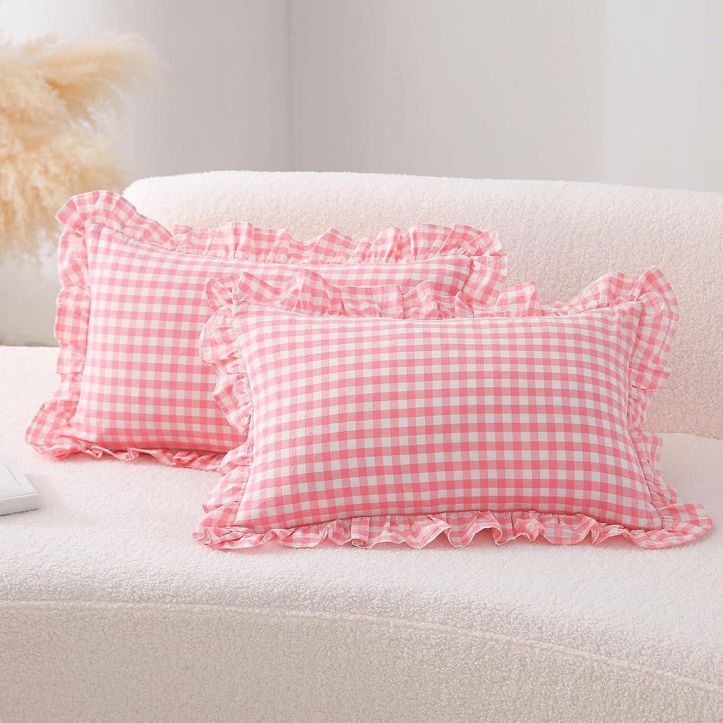 Kmasaniji 2 Pack Coral Pink Plaid Ruffle Gingham Throw Lumbar Pillow Shams, 100% Washed Cotton Linen Feel Checkered Pillow Covers Zipper Cl…