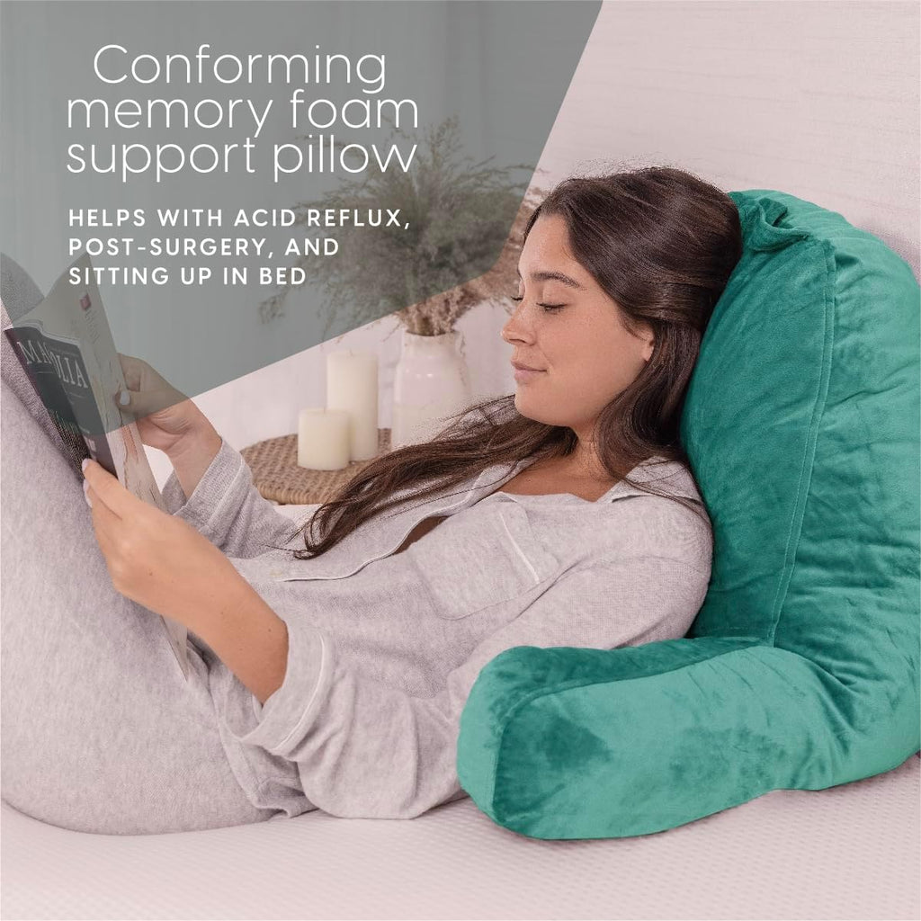Milliard Reading Pillow with Arms, Teal, Shredded Memory Foam Back Pillow for Bed Sitting Up - Sit Up Backrest Support for Reading & Rest…