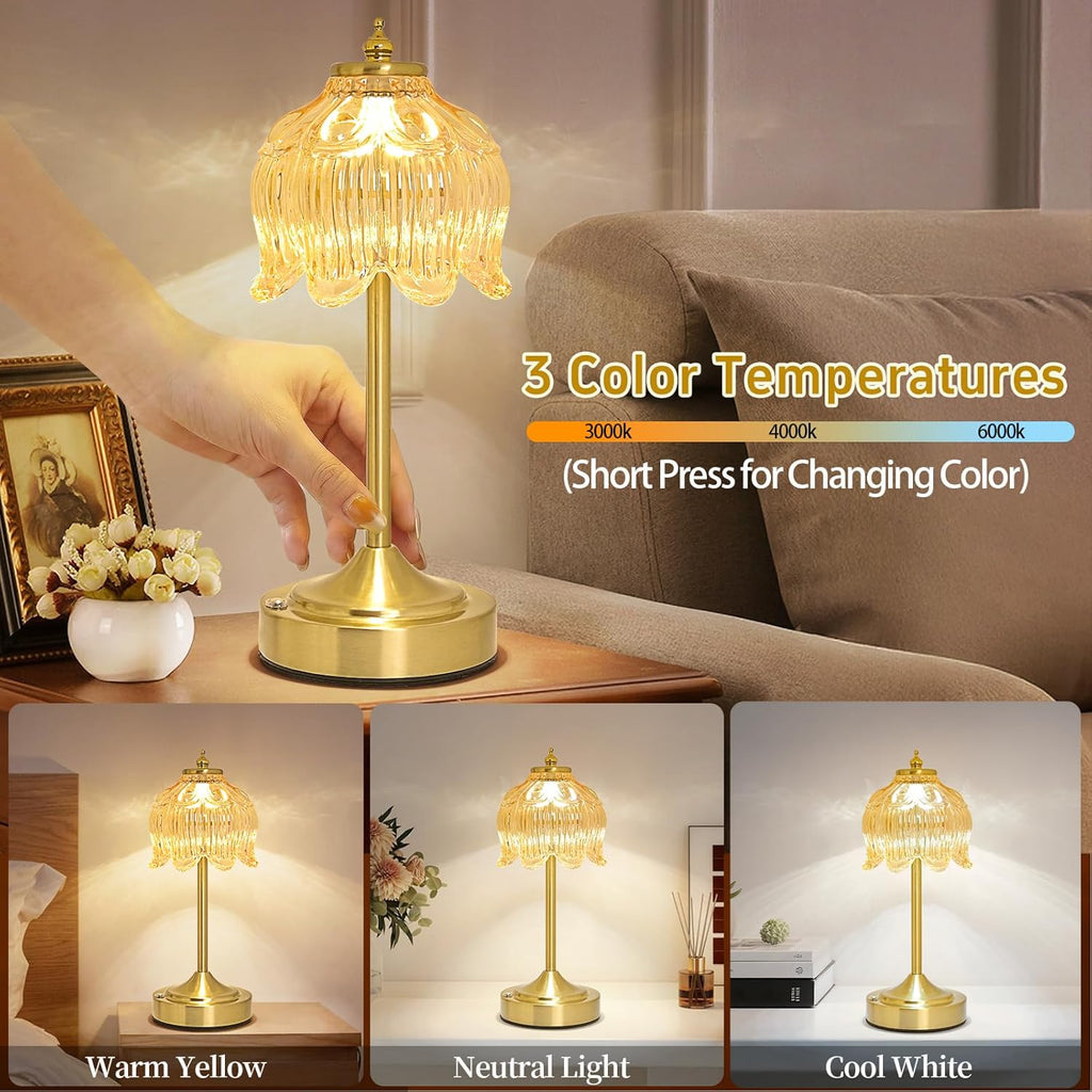 Cordless Lotus Flower Table Lamp, 5200mAh Rechargeable Battery Operated Portable Lamp, 3-Color Dimmable Touch Control Small Desk Lamp for…