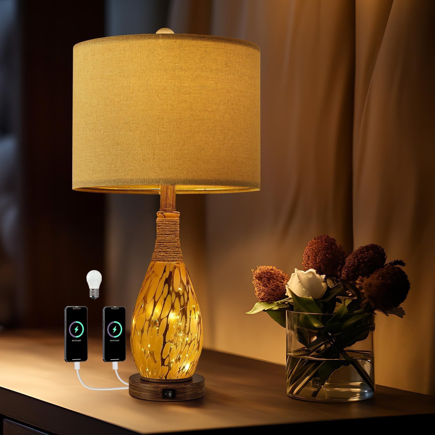 OYEARS 23" USB A+C Table Lamp for Bedroom Living Room Modern Bedside Lamps Retro Farmhouse Rattan Glass Nightstand Nightlight Lamps…