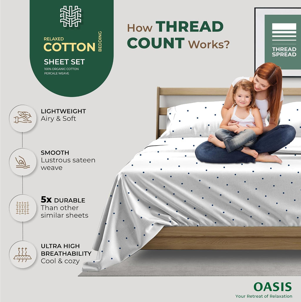 THREAD SPREAD 100% Organic Cotton Sheets King Size - Organic Cotton Percale Weave Sheet Set (4 PC, Navy Polka Dot), Soft, Cooling, Crisp…