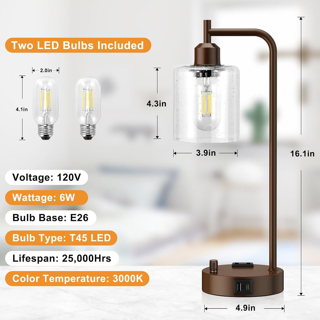 Innqoo Industrial Table Lamps for Bedrooms Set of 2 - Fully Dimmable Bedside Lamps with USB Ports and Outlet, Brown Nightstand Lamps with…