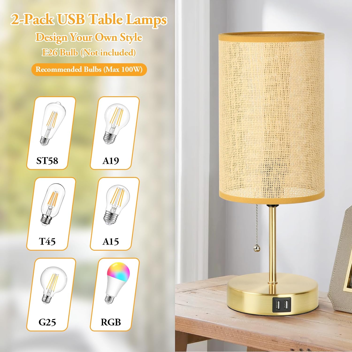 Set of 2 Table Lamp with 2 USB, Vintage Bedside Lamps for Bedrooms, Nightstand Lamps with Pull Chain, Bamboo Woven Desk Lamps with Rattan…