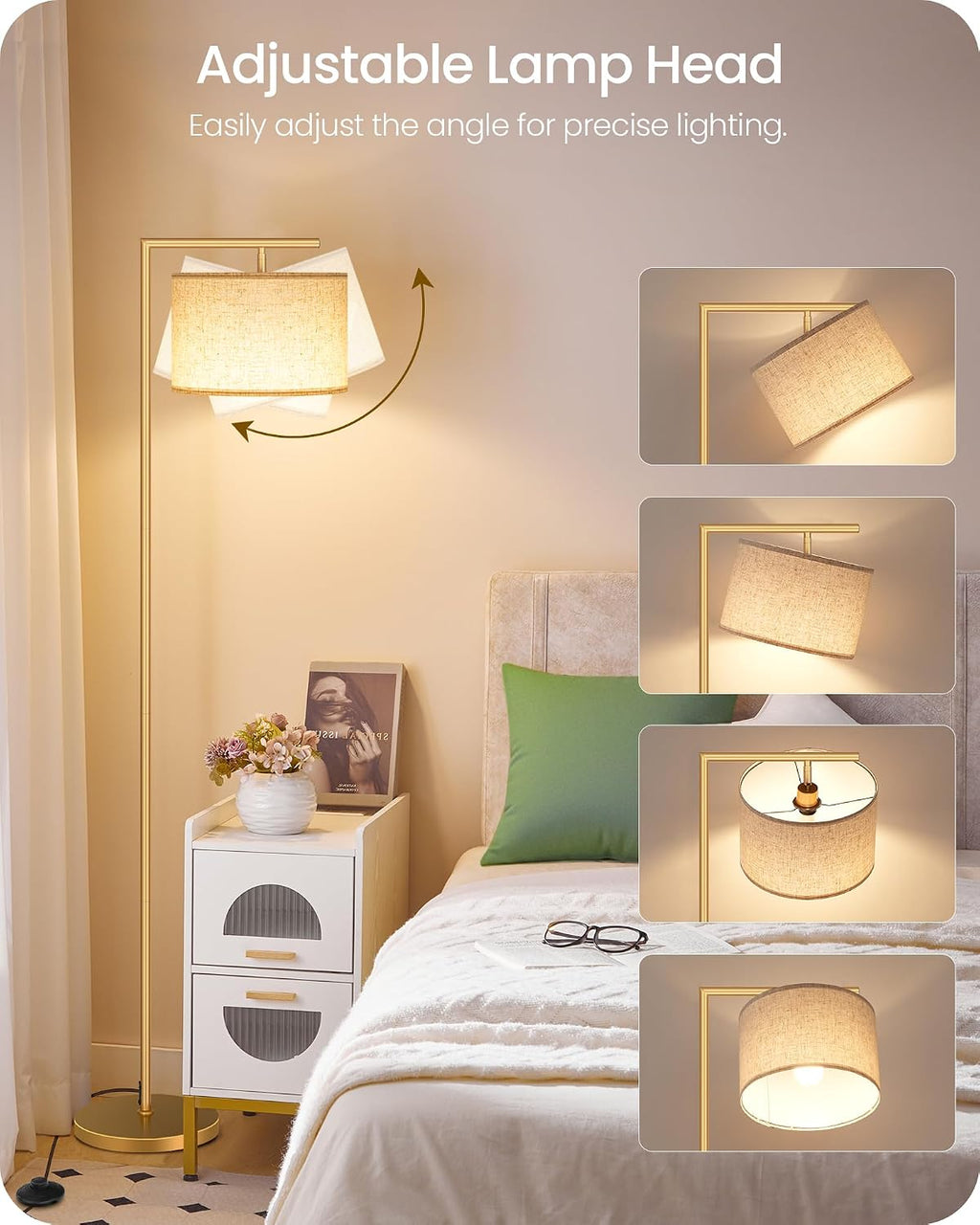 Goebleson Modern Dimmable Floor Lamp for Living Room, Corner Tall Lamp with Fabric Shade, LED Bulb Included, Arched Reading Light with Remo…