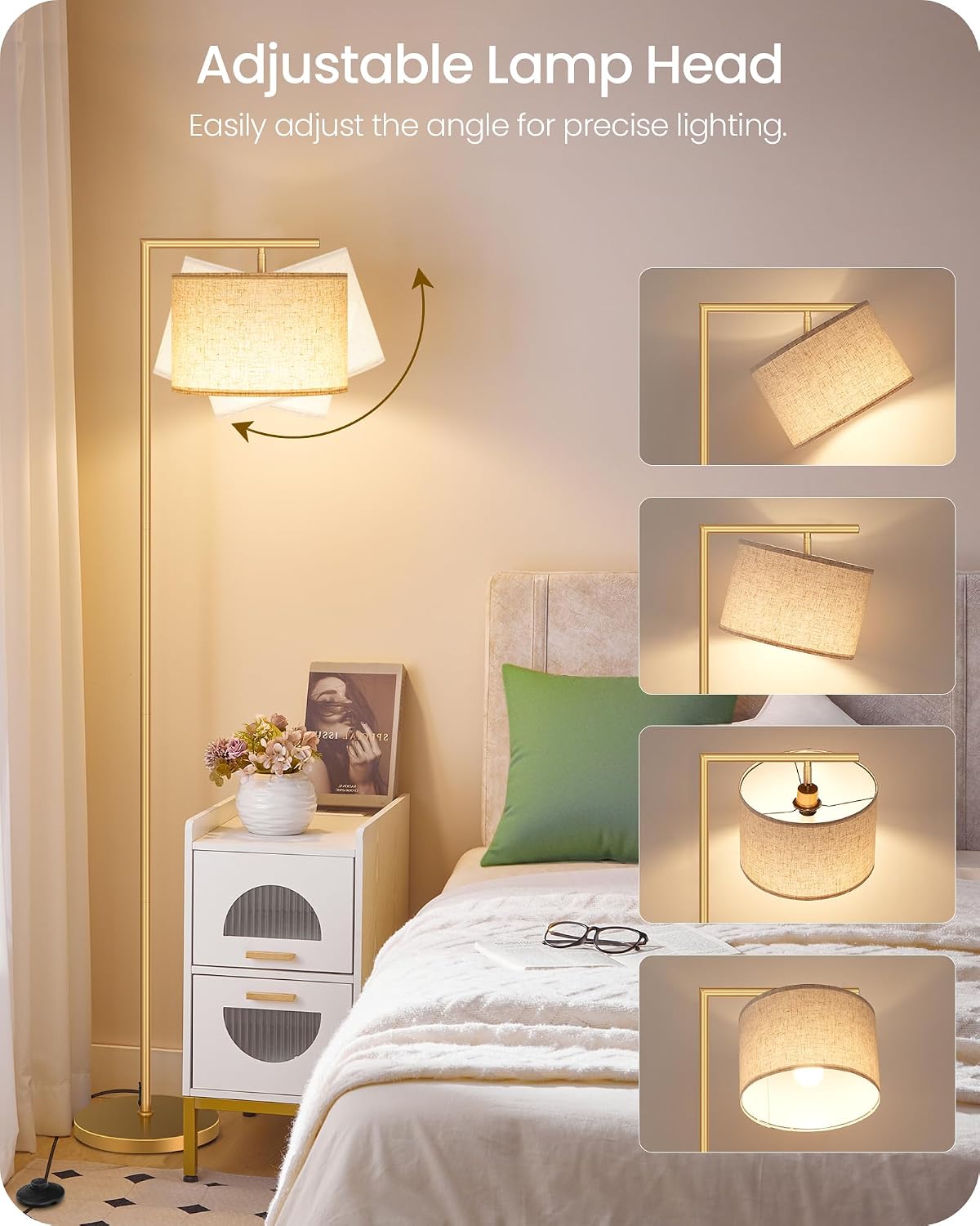 Goebleson Modern Dimmable Floor Lamp for Living Room, Corner Tall Lamp with Fabric Shade, LED Bulb Included, Arched Reading Light with Remo…
