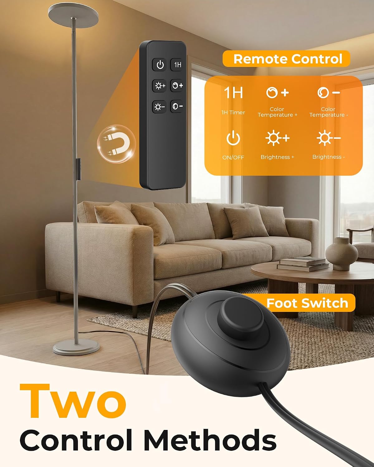Floor Lamp for Bedroom,69" Tall Standing Lamp Remote & Foot Switch with 1H Timer, 2700-6500K Stepless Dimmable Modern Pole Light for…