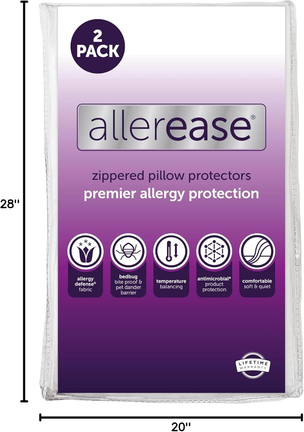 Set of 2 Standard/Queen AllerEase Pillow Protectors - Temperature Balancing, Allergist Recommended - Premium Breathable, Zippered Protectors