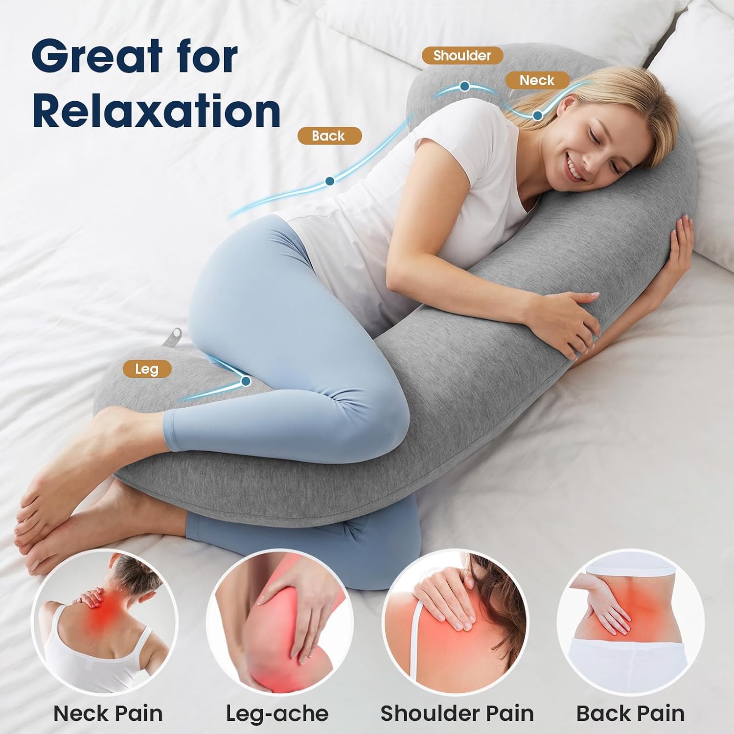 TranquilRelax TranquilRelax C Shaped Body Pillow for Side Sleepers, Memory Foam Long Pillow for Leg, Hip & Back Support, Soft Washab…