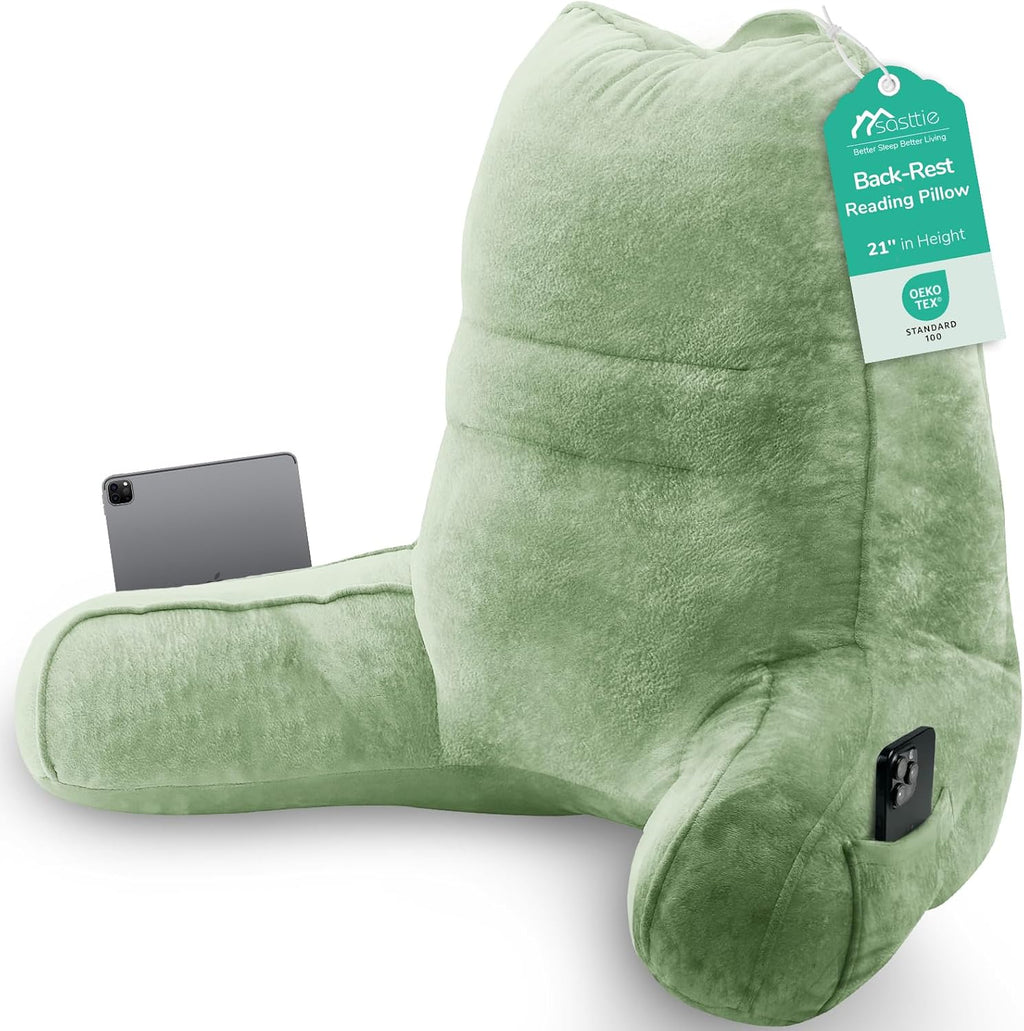 Sasttie Reading Pillow, Pillows for Reading or Relaxing – Ergonomic Support for Head, Neck, Back, and Lumbar, 21-Inch, Sage Green Green