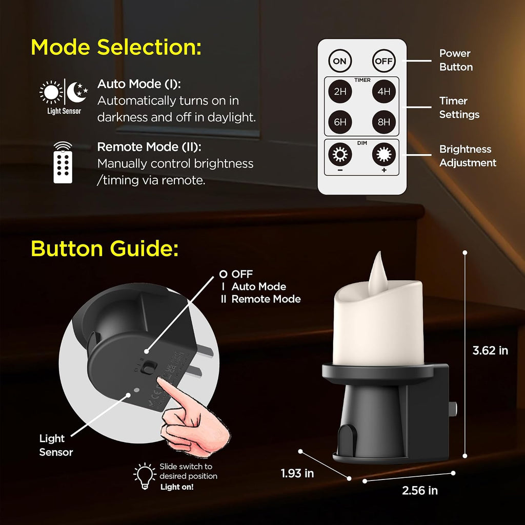 2-in-1 Plug in Night Light (2 Pack) - Dual Mode: Sensor & Remote Control - Modern Farmhouse Black Candle Wall Sconce for Industrial…