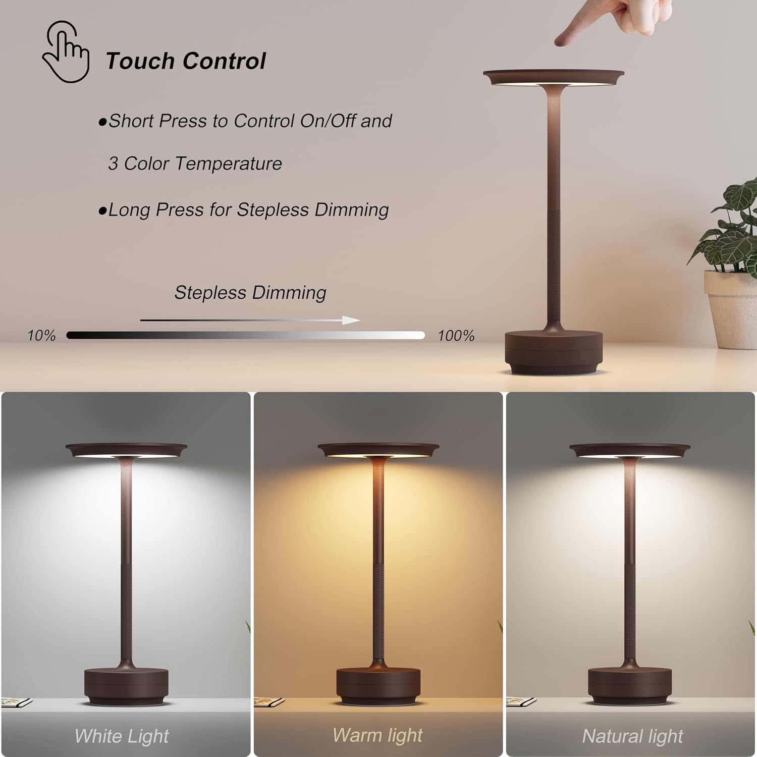 TBBGA 1 Pack Rechargeable Table Lamps Cordless, Portable 5000mAh Outdoor Table Light, 3 Color Stepless Dimming LED Table Lamp with Memory…