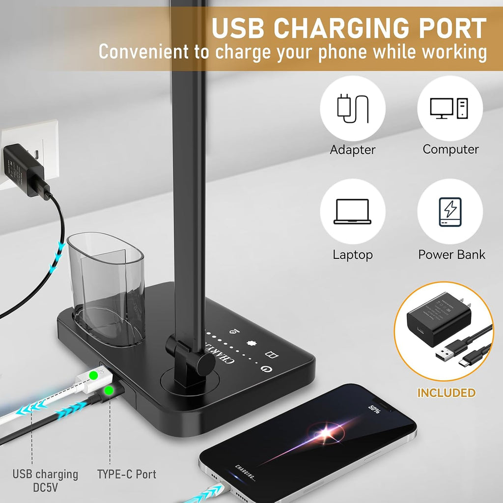 CHARYJOD Retractable Dimmable LED Desk Lamp with USB Charging Port, 50 Lighting Modes Dual Swing Arm Architect Adjustable Table Lamp…