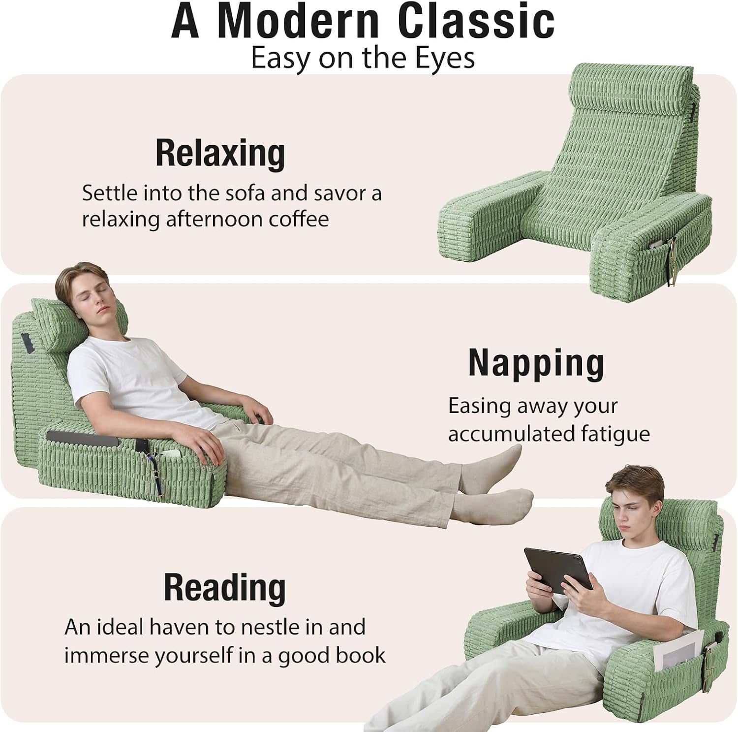 21" Reading Pillow for Bed Sitting Up, Back Support Pillow with Built-in Arms & Large Pockets, Washable Cover, Sage Green