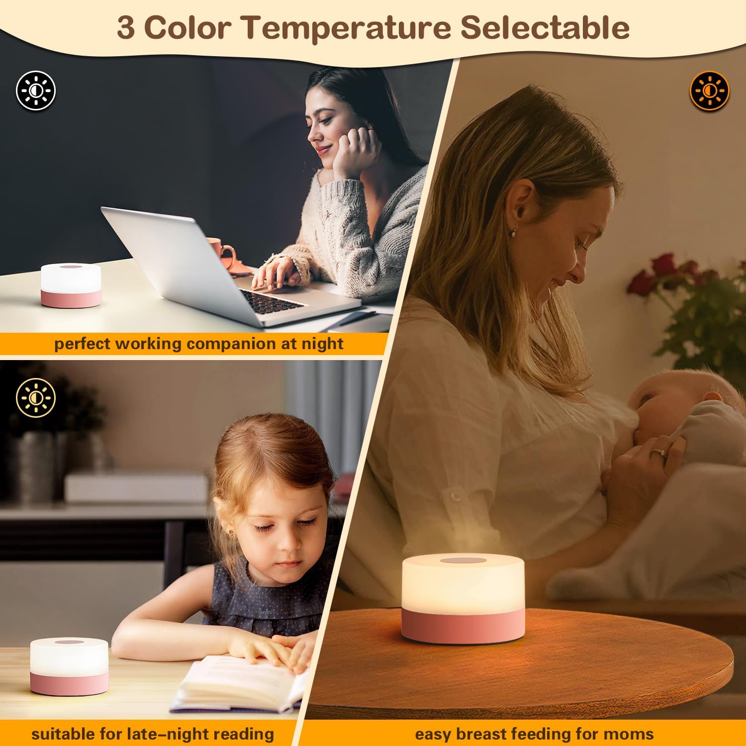 JUSHENG Night Light for Baby Nursery, Rechargeable LED Touch Light with 3CCT & Stepless Dimming Function, Portable Bedside Lamp Tap…