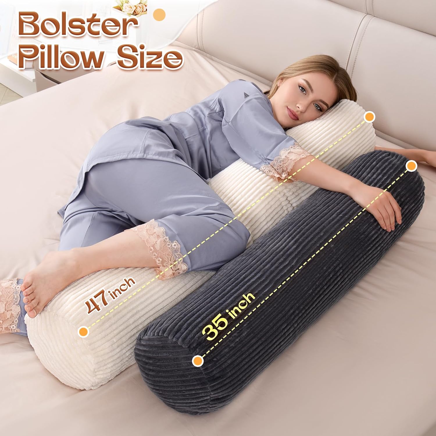 1Middleone 1 MIDDLE ONE Body Pillow for Adults, Long Bolster Pillow for Bed, Decorative Round Roll Hug Pillow with Corduroy Cover (Dark Gre…