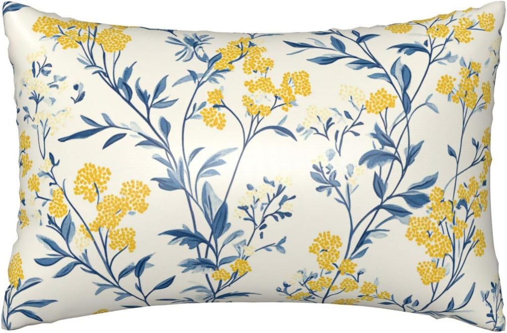 Imitation Silk Pillowcase for Hair and Skin Blue Leaves Bright Yellow Flowers 1 Pack Satin Queen Pillowcase with Hidden Zipper Cooling…