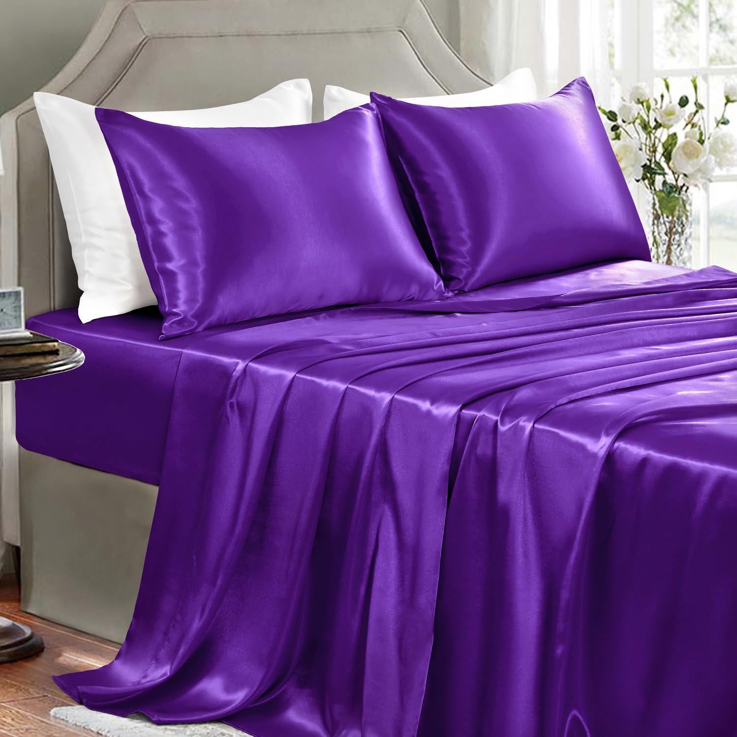 Golal Satin Sheets Queen Size - 4 Pieces Luxury Silky Soft Bed Sheets, Wrinkle-Free Dark Purple Satin Silk Sheet Set with 1 Deep Pocket Fit…